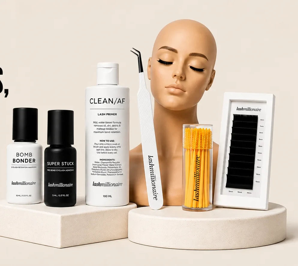 Lash Millionaire adhesives, cleanser, tweezers and lash tray